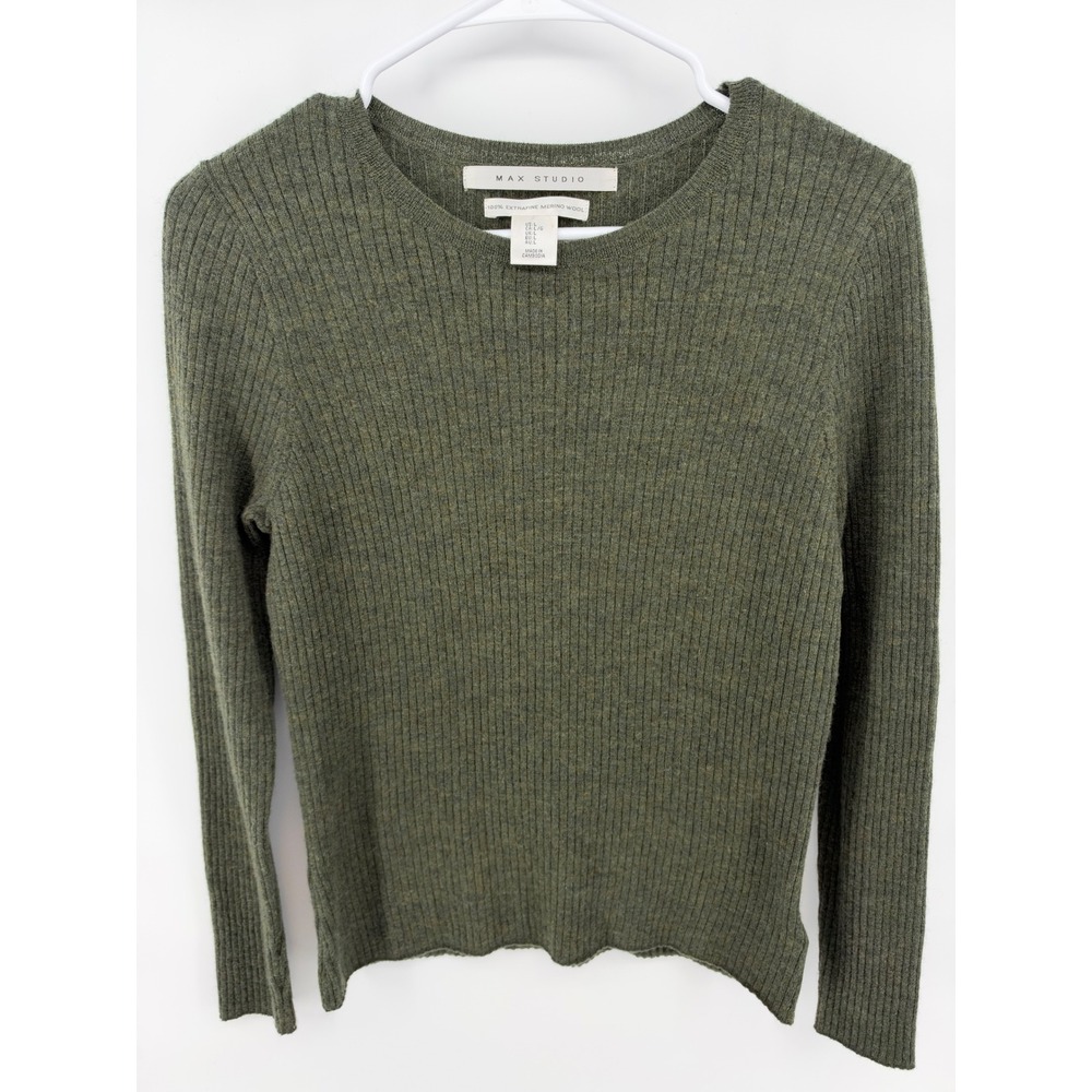 Max Studio Olive Green Extra Fine Merino Wool Sweater Ribbed Knit Women L Earthy